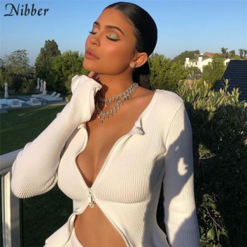 Nibber autumn fashion knit basic white crop tops womens V-neck t-shirts 2019new solid office ladies wild casual tee shirts mujer